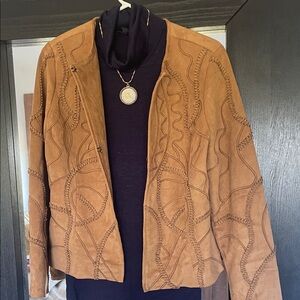 Chico's Tan Suede Embroidered Open-Front Jacket